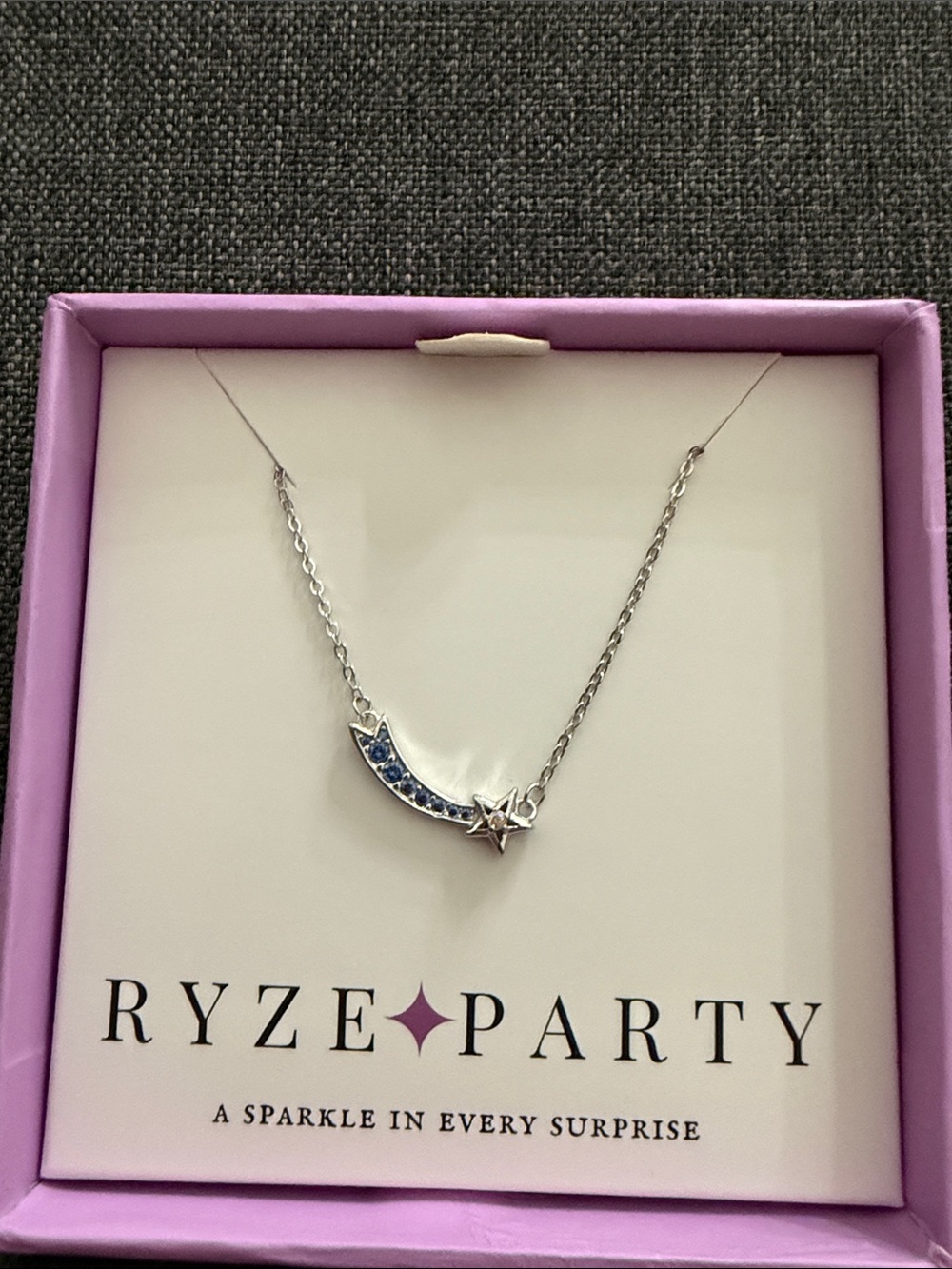 Ryze Party.925 sterling Silver Crescent & Star Necklace with Blue Stones